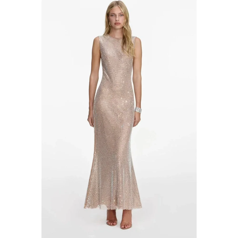 Self-Portrait Silver Rhinestone Mesh Midi Dress US 6 - Picture 1 of 11